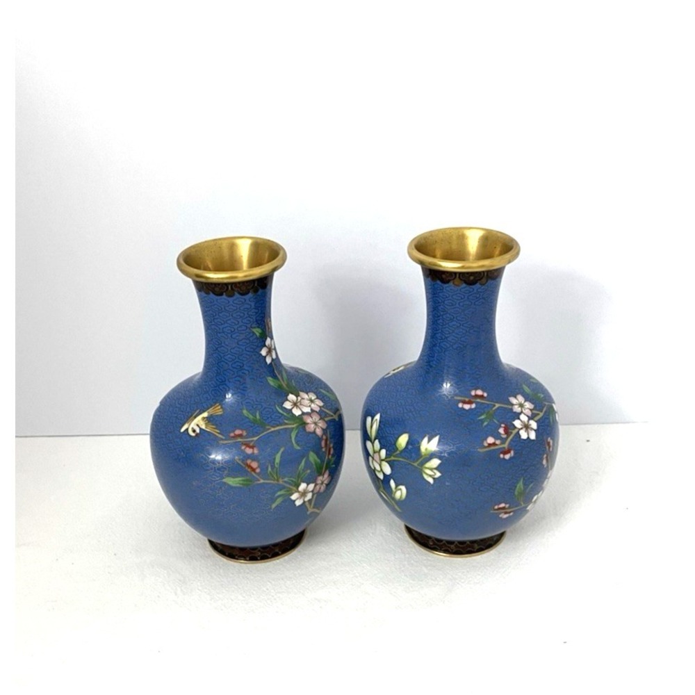 Vintage Cloisonné Enamel Vases Pair Blue Brass Floral Birds 8" H - Picture 2 of 5